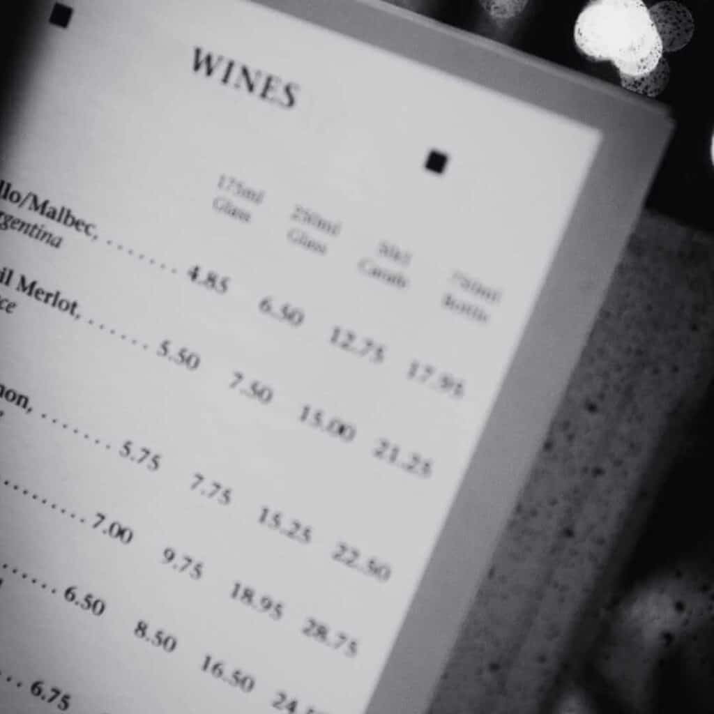Wine list menu