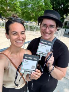 Nat & Bex outside Collision 2024 conference wearing conference badges