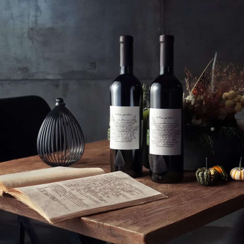 fall drink list open on a table infront of two bottles of wine and two small pumpkins