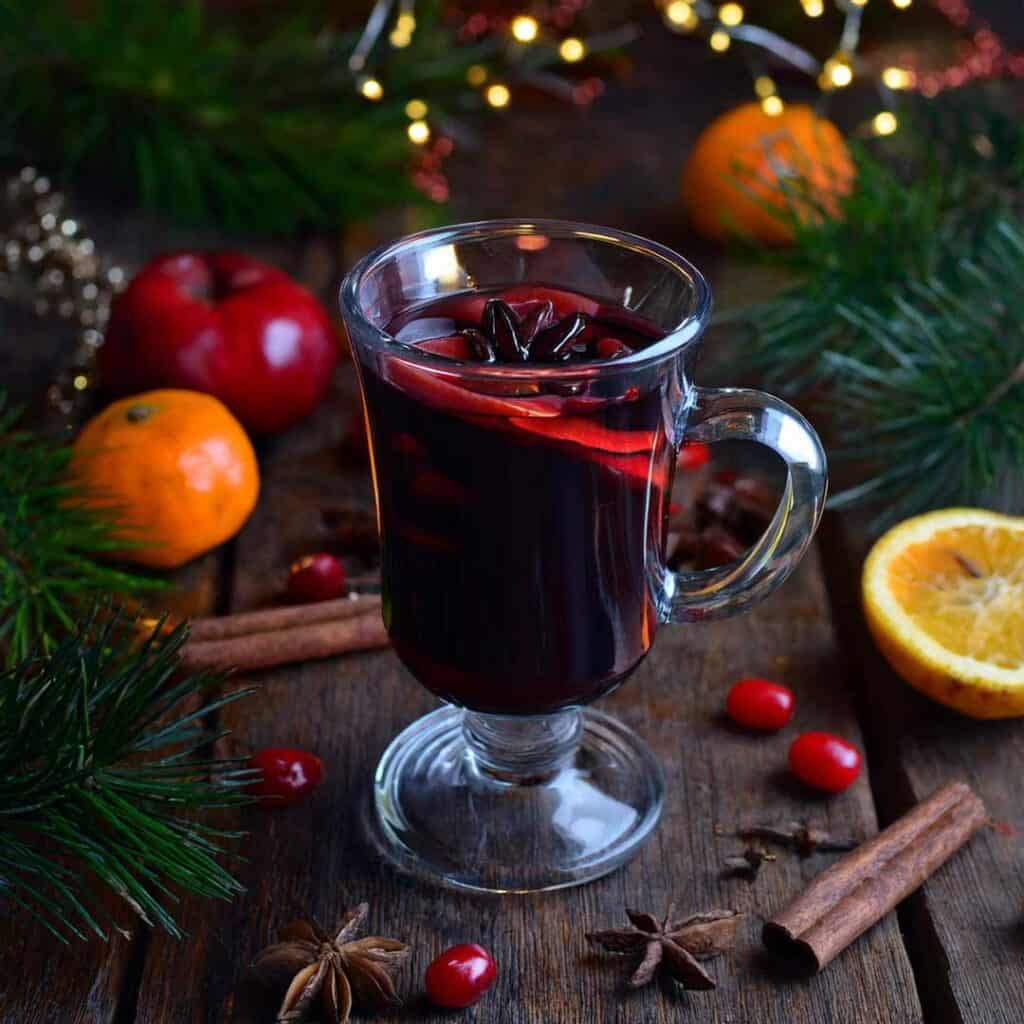 best wine for Glühwein glass mug on a festive table